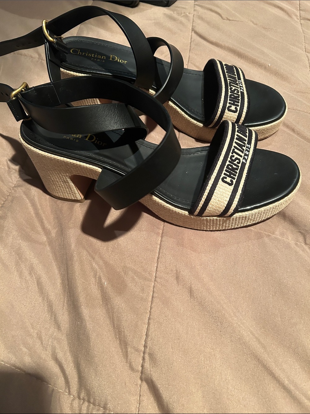 Dior Black Leather Sandals with Beige Logo Strap - Picture 3 of 4